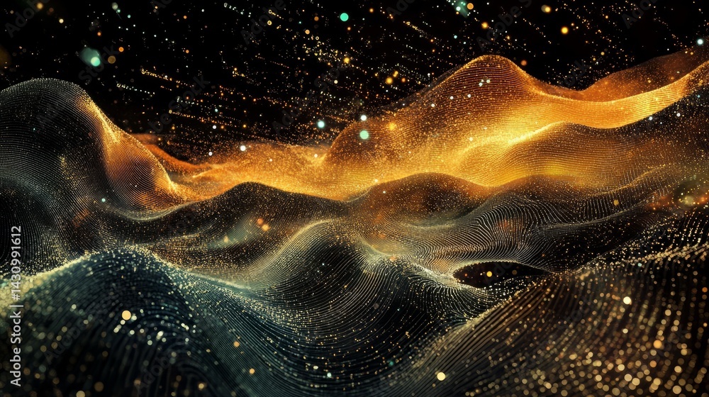Poster abstract digital landscape of points and waves representing particle motion in a tech network