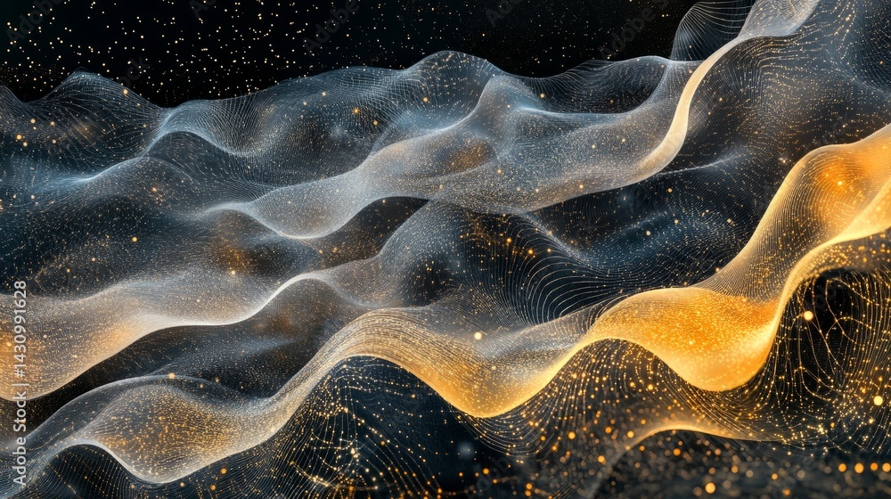 Poster abstract digital landscape of points and waves representing particle motion in a tech network