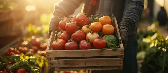 Farmer carrying crate of tomatoes at market