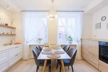 interior apartment kitchen and dining room, refectory area, cooking equipment, table furniture, stove