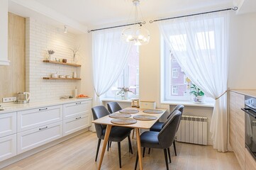 interior apartment kitchen and dining room, refectory area, cooking equipment, table furniture, stove