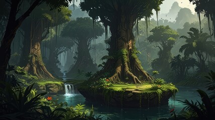 Lush Jungle Oasis Tranquil stream, ancient trees, misty mountains; game background