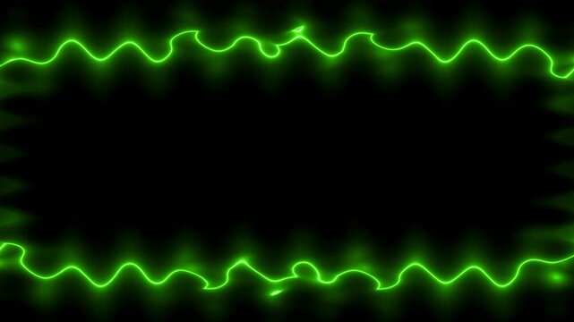 Emerging wavy green horizontal rectangular neon long lines forming a frame. In the middle there is a black field for your own content. ECG lines, impulses.