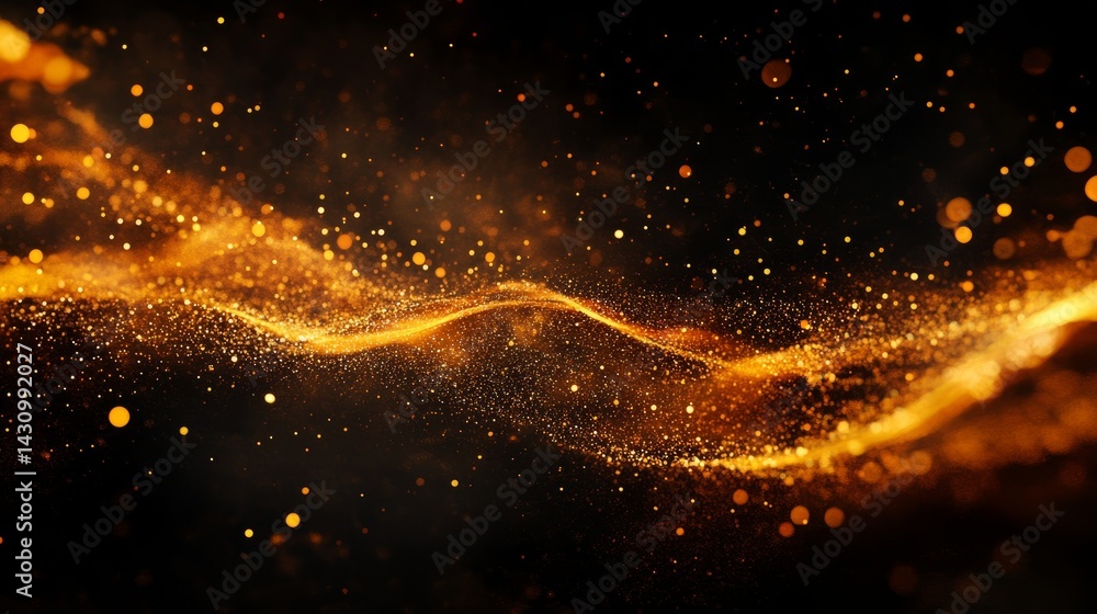 Poster abstract wave of glowing particles flowing across a dark background, forming smooth curves and digit