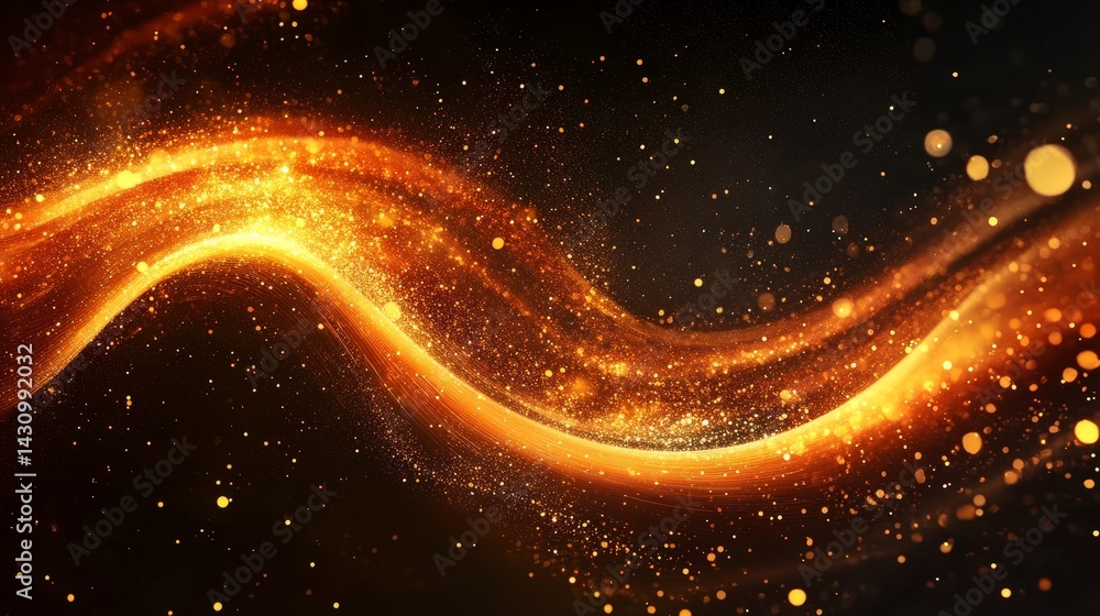 Poster abstract wave of glowing particles flowing across a dark background, forming smooth curves and digit