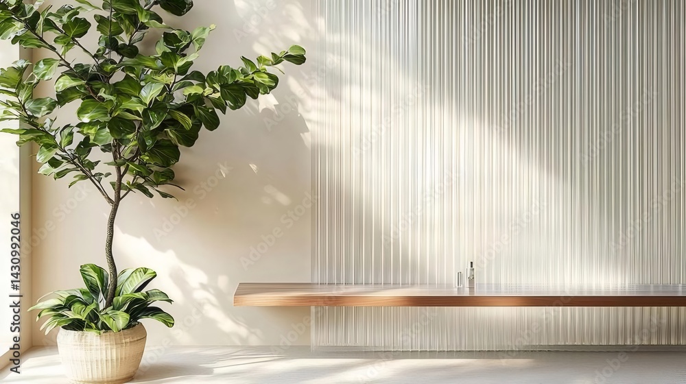 Aufkleber 木製棚と観葉植物のある明るい空間 白いカーテンと自然光が差し込むモダンインテリア