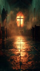 Mysterious light shines through stained glass in a quiet church during early morning mist