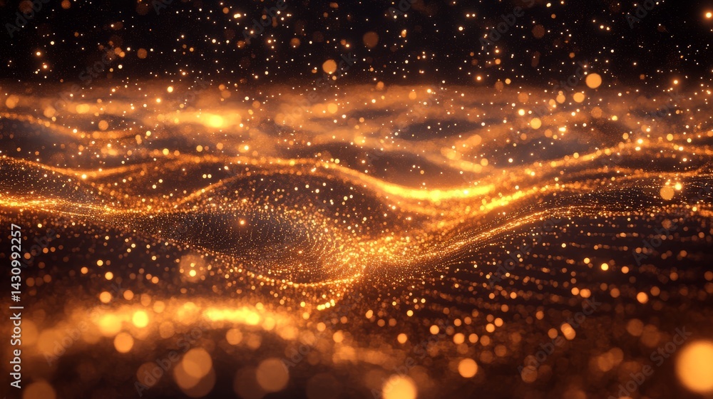 Poster animated flow of luminous particles forming waves across a virtual plane, simulating energy and sign