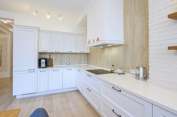 interior apartment kitchen and dining room, refectory area, cooking equipment, table furniture, stove