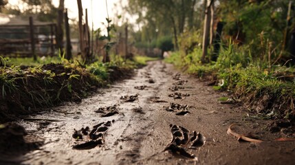 Muddy animal tracks farm realistic photograph outdoor low angle midjourney khris
