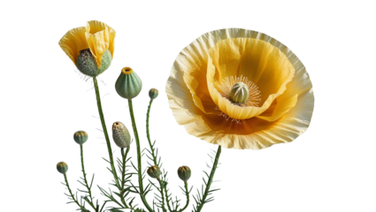 Opium poppy flowers in yellow bloom on black background