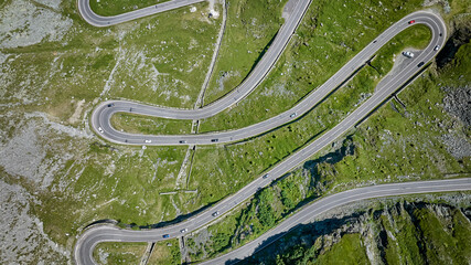 Aerial shot of directly above the Transfagarasan Highway, mountain road on the Carpathian...