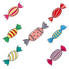 Candies, caramel in wrapper, striped bonbons on white background. Cartoon sweets set. Assorted wrapped candies for confectionery, candy shop. A selection of delicious candy treats vector illustration.