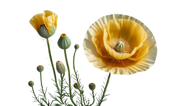 Opium poppy flowers in yellow bloom on black background