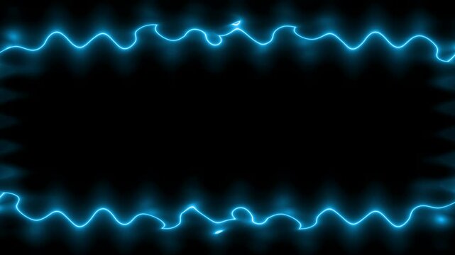 Emerging wavy blue horizontal rectangular neon wavy long lines forming a frame. In the middle there is a black field for your own content.
