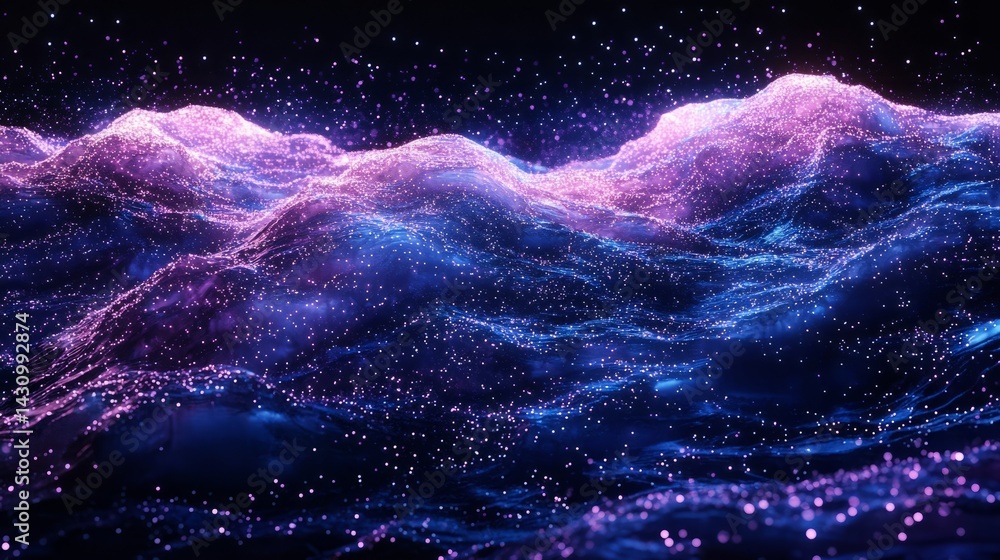 Poster cyber wave made of thousands of glowing data points, gently pulsing like a digital ocean