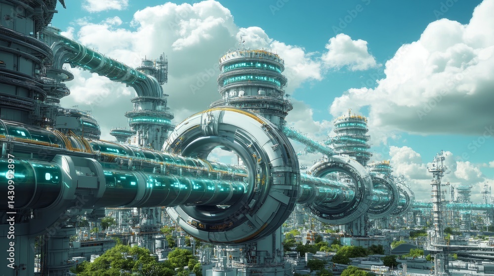 Poster conceptual digital landscape showing massive data pipelines flowing through cloud infrastructure and