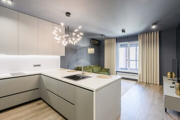 interior apartment kitchen and dining room, refectory area, cooking equipment, table furniture, stove
