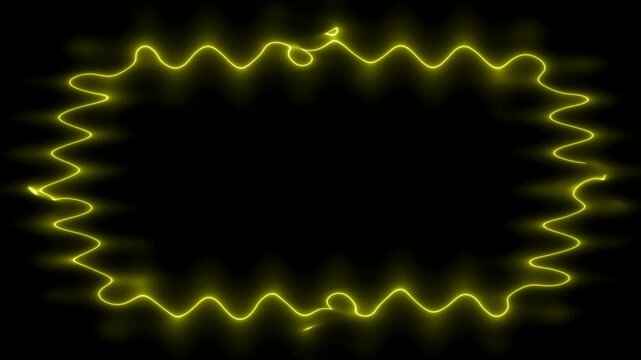 Neon fade in and out glowing wavy gold burgundy rectangular lines frame on black background. Small patterns, ruffles. Space for your own content.