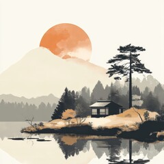 Japanese Landscape Cabin Sunset Mountain
