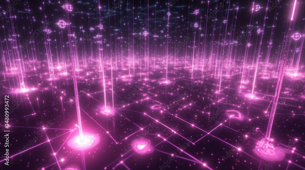 Poster futuristic data science concept with glowing graphs, data streams, and neural network nodes connecte