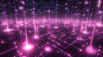 Obraz premium Futuristic data science concept with glowing graphs, data streams, and neural network nodes connected in a 3D grid