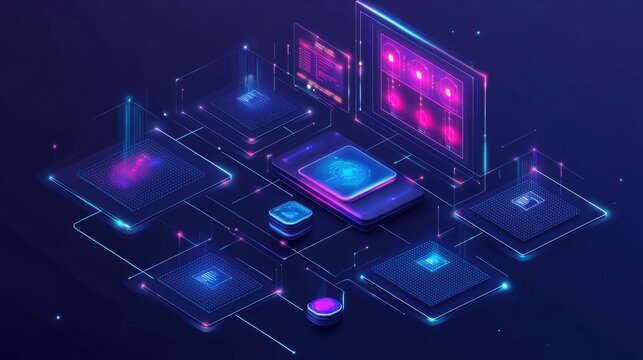 Futuristic user interface with machine learning models, query inputs, and data clustering patterns