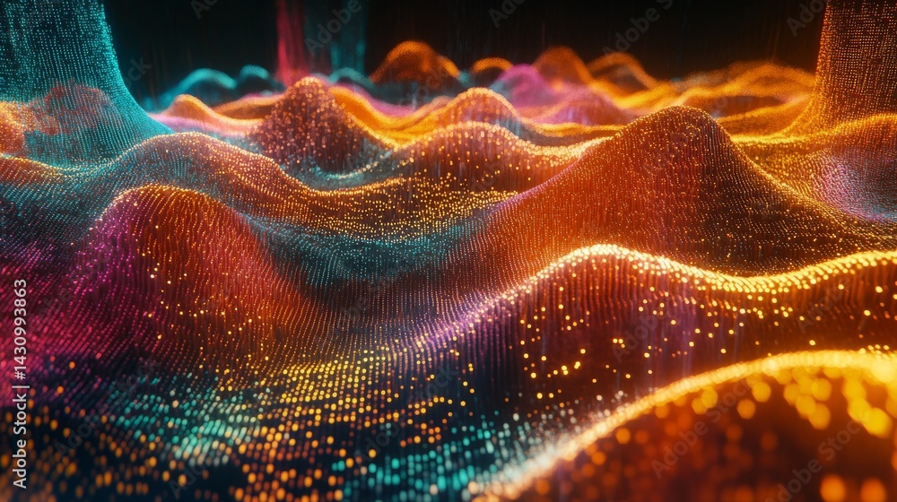 Poster High-tech 3D rendering of moving particle streams forming data waves in a glowing digital grid