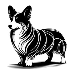 Elegant line art illustration of a standing corgi dog on a transparent background. 