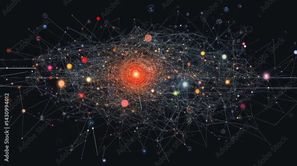 Poster high-tech visualization of artificial intelligence parsing data streams into categorized clusters an