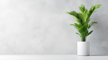 Fototapeta premium A lush green plant in a white ceramic pot standing on a minimalist white surface against a soft grey textured wall, and indoor decor concept.