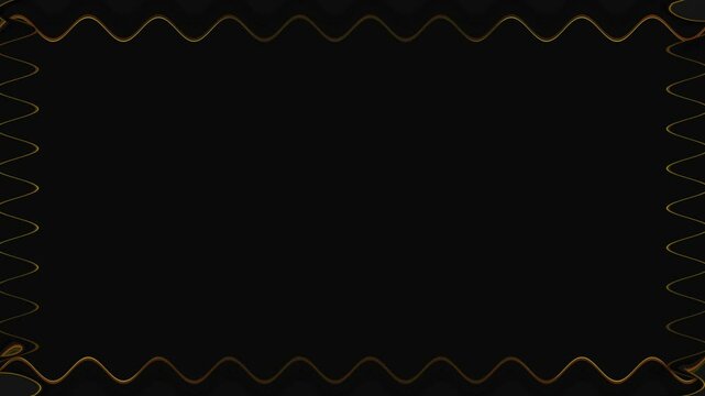 Wavy rectangular colorful neon glowing gold brown square frame, rectangular frame, horizontal frame on black background. Blank space for your own content in the middle.