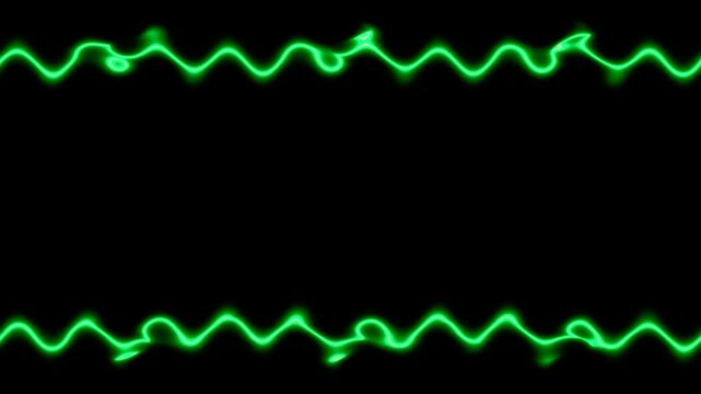 Frame, long rectangular wavy horizontal abstract green lines of neon light on black background. Space for your own content. Life line, impulse.