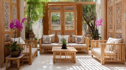 Fototapeta premium Javanese courtyard with bamboo sofa set, blooming orchids, carved wooden doors and sunlight through trees