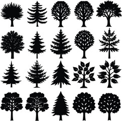 Obraz premium A vector set features detailed tree silhouettes, a diverse collection of nature's plants including palm and pine, with leaf patterns and branch designs perfect for forest illustrations