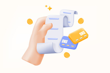 3D illustration vector, hand holding a receipt with credit cards and coins. finance, payment processing, billing, and e-commerce content