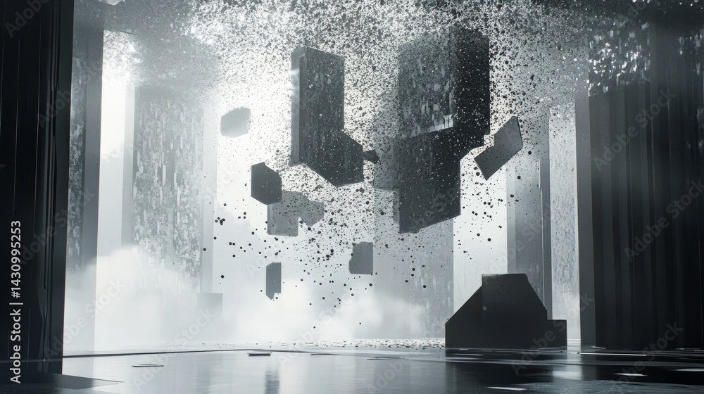 Poster Tech-inspired visualization of floating particles building complex waveforms in a cyber environment