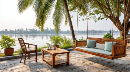 Fototapeta premium Kerala riverfront terrace with hanging swing seat, tea table, palm shade and water shimmering beyond