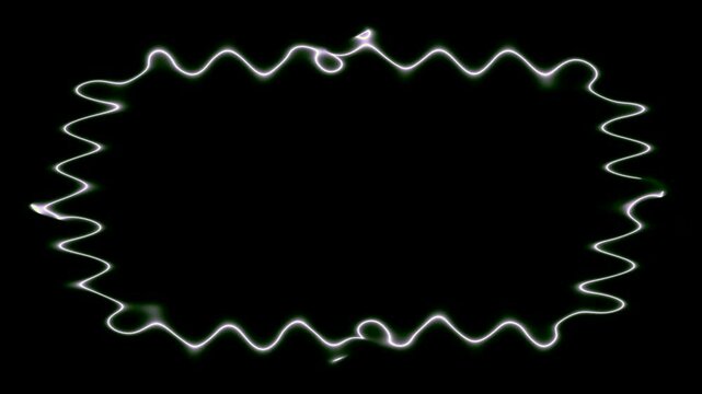 Emerging wavy white horizontal rectangular neon lines forming a closed frame. In the middle there is a black field for your own content. ECG lines, impulses.