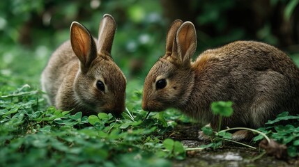 Fototapeta premium Rabbits nibbling on clover meadow realistic photograph natural environment close-up midjourney khris