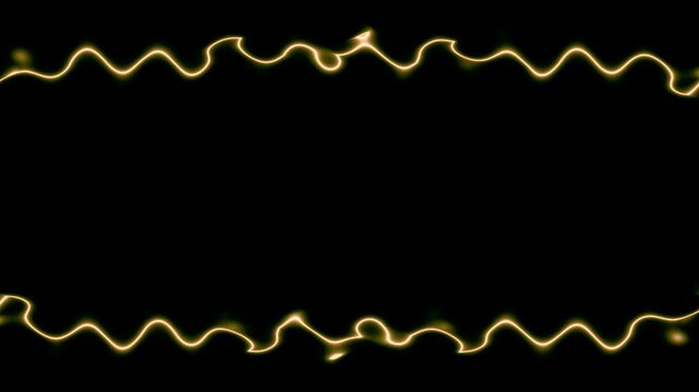 Appearing slightly wavy orange horizontal rectangular neon long wavy lines forming a frame. In the middle there is a black field for your own content. ECG lines, impulses.