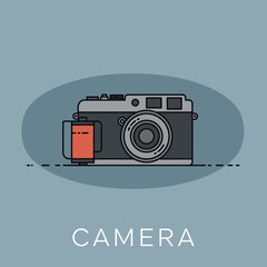 Obraz premium Vintage camera with film roll vector illustration in muted blue background