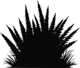 A green grass silhouette vector illustration shows a simple plant design against a nature backdrop, like a tree branch silhouette