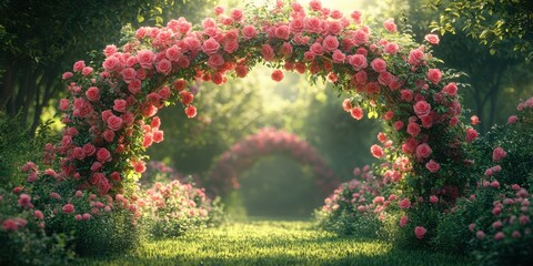 Floral arches adorned with pink roses create a serene pathway in a lush garden during early morning light