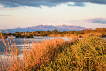 Mont Canigou vu depuis l'embouchure de l'Agly au Barcarès