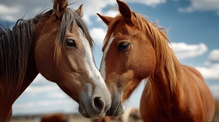 Fototapeta premium Horses nuzzling open field realistic photograph sunny day close-up midjourney khris