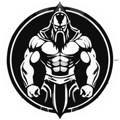 Dark Bearded Warrior Vector Mascot – Monochrome Muscular Villain Logo for Esports, Fantasy Games, and Branding