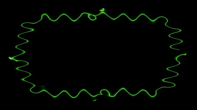 Appearing and disappearing wavy long glowing lines, rectangular horizontal frame with moving neon light effect, green frame. Blank black space for your own content in the middle.