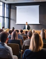 Obraz premium Audience attentively watches as a presenter shares innovative ideas in a corporate setting.