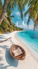 Tropical beach scene with boat, palms, and turquoise water